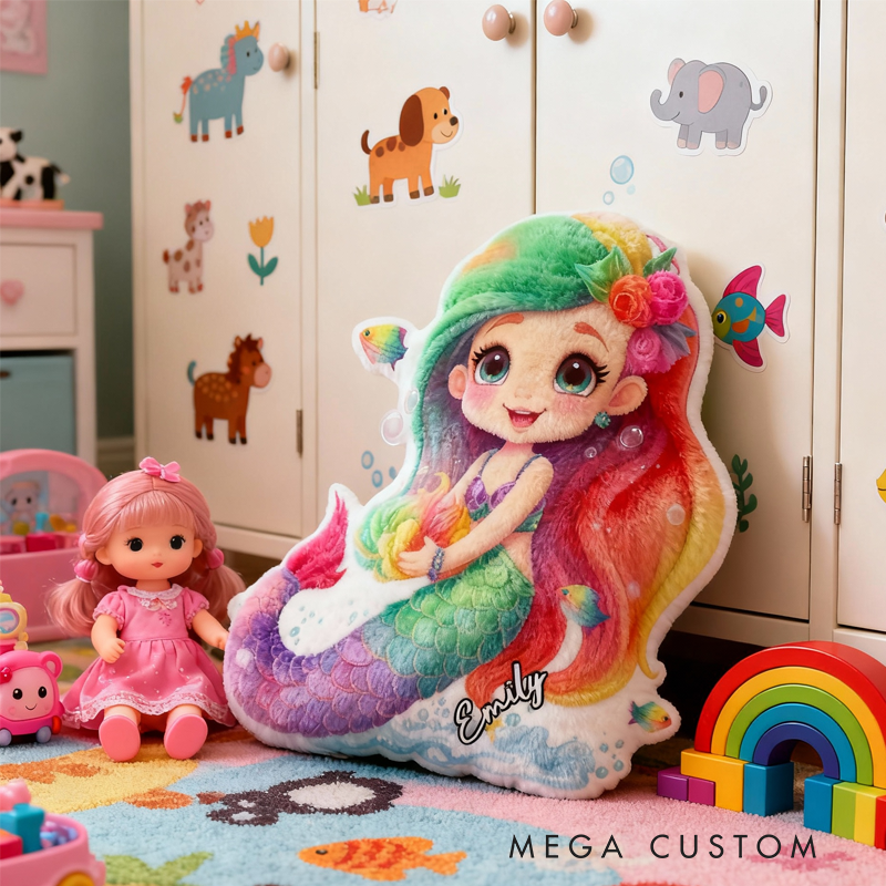 Personalized Colorful Mermaid with Name Graphic 3D Print Pillow Christmas Gift for Kids or Baby Birthday Gift