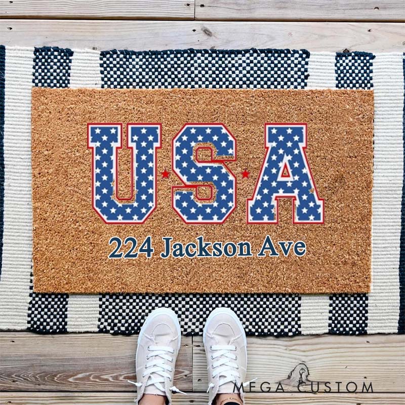 Personalized USA Doormat Custom Address Design Patriotic Durable Coir Welcome Mat Stylish Home Entryway Decor Perfect Gift For Housewarming