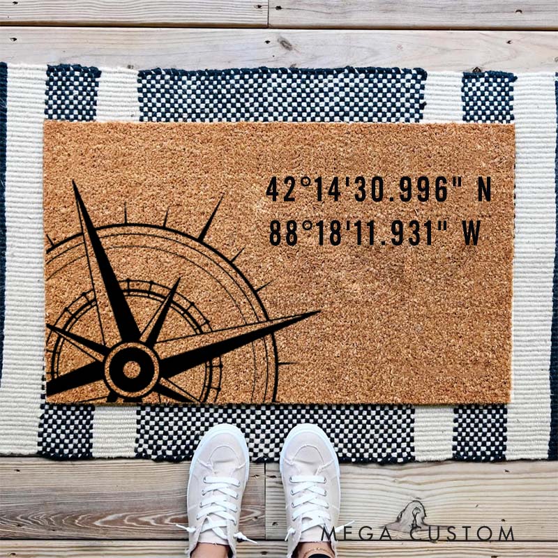 Personalized Coordinates Doormat Custom Location Design Durable Coir Welcome Mat Nautical Compass Home Entryway Decor Perfect Gift For Housewarming