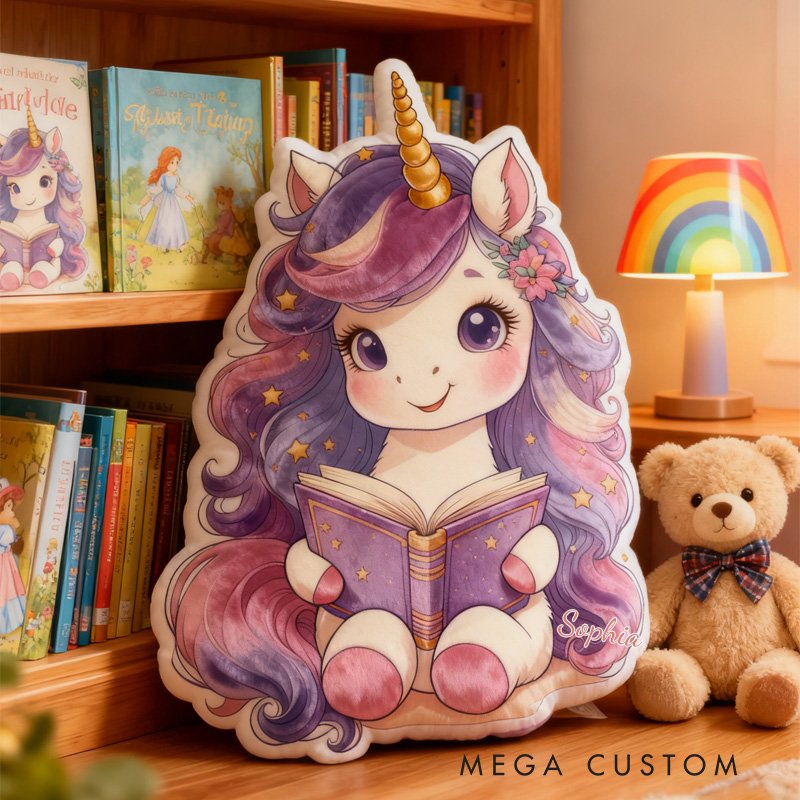 Personalized Cute Reading Horse Throw Pillow Cartoon Horse Pillow with Name Book Pillow for Kids Boys Girls Book Lover Christmas Gift