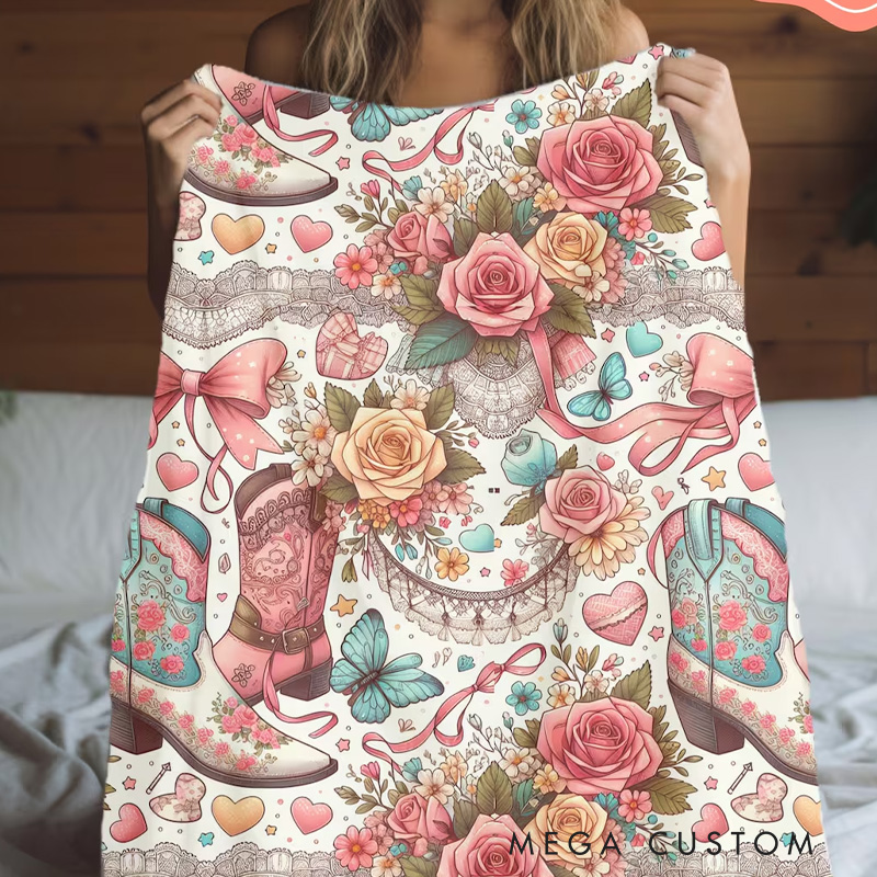 Personalized Coquette Cowgirl Plush Blanket  Dorm Room Decor Gift for Mom or Girlfriend Vintage Cowgirl Coquette Throw Blanket  Girly Decor