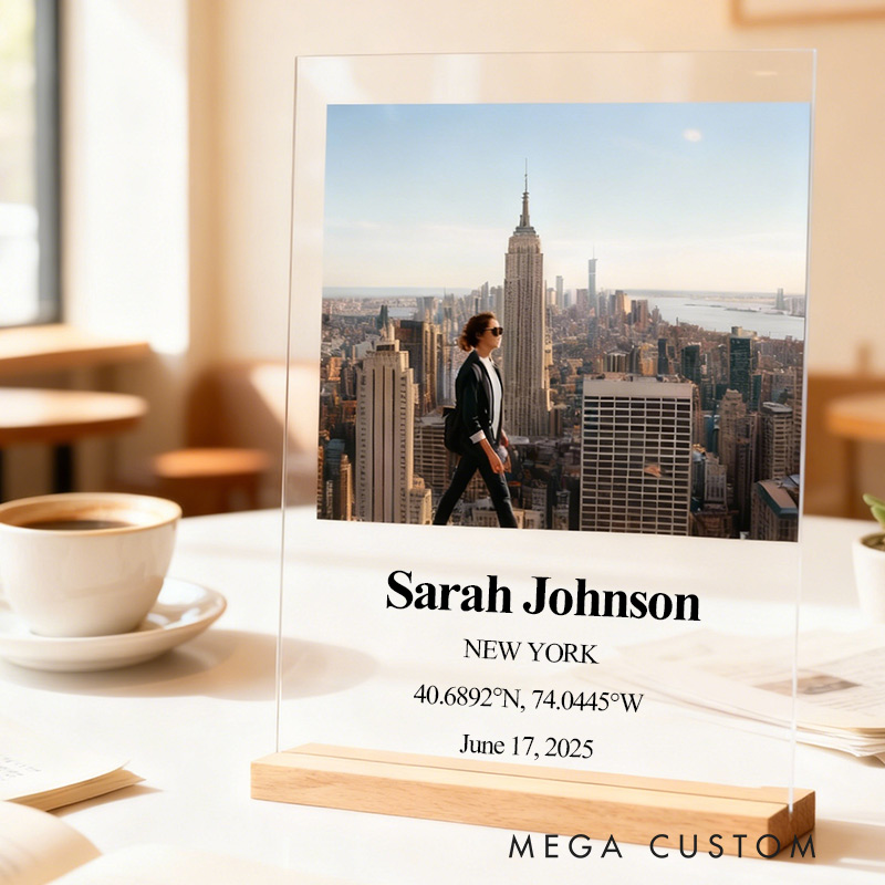 Personalized Acrylic Voyage Display with Wooden Base for Travel Lovers