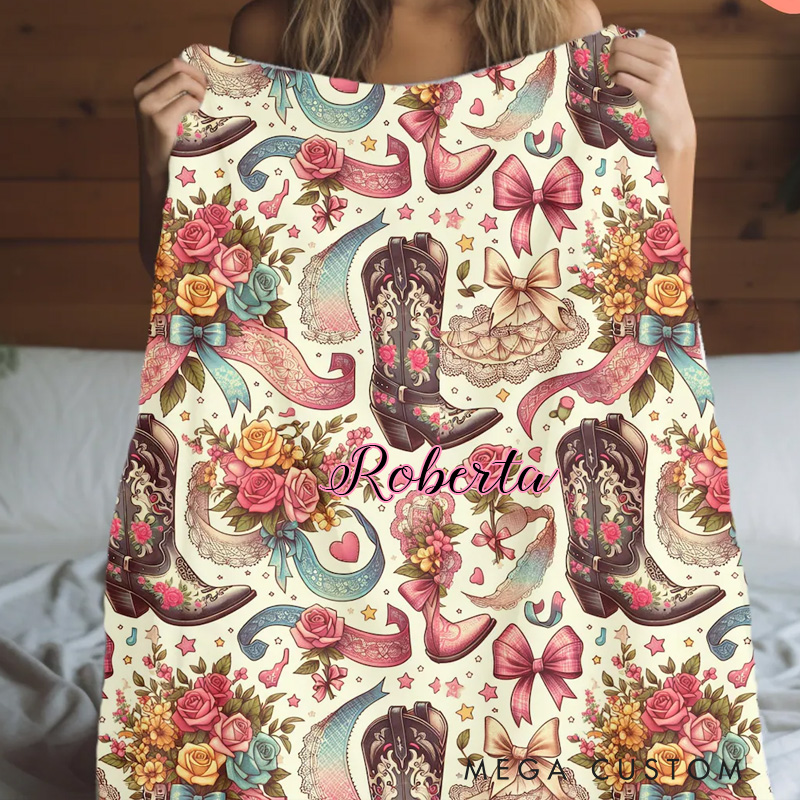 Personalized Floral Western Boots Blanket Coquette Cowgirl Plush Blanket Dorm Room Decor Gift for Mom or Girlfriend Outdoor Enthusiasts
