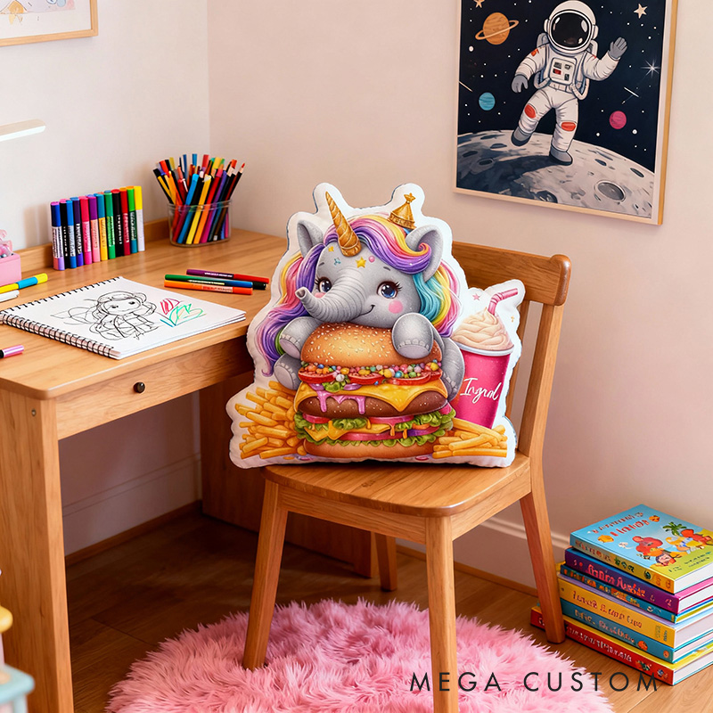 Personalized Elephant and Hamburger Throw Pillow with Name Cute Burger Pillow for Kids Girl Baker Christmas Gifts Loving Room Decor