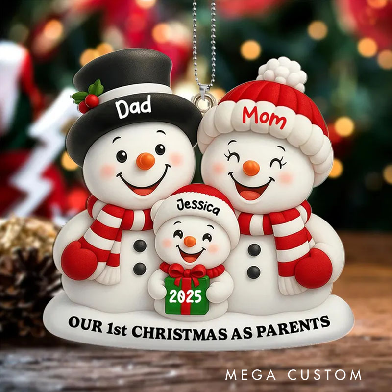 Personalized Family of 3 Christmas Ornament 2025 Our 1st Christmas as Parents Acrylic Snowman Xmas Tree Decor New Parents Christmas Gifts