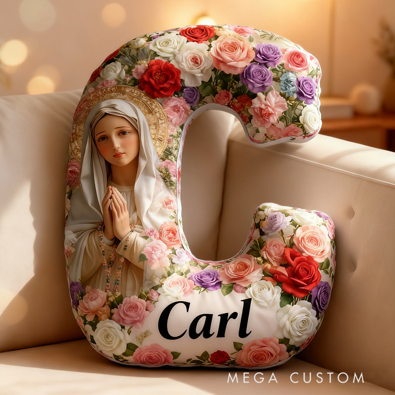 Personalized Virgin Mary Letter Pillow with Custom Name Home Decor Catholic Gift for Women Religious Gift for Believer Froral Graphic 3D Print Pillow
