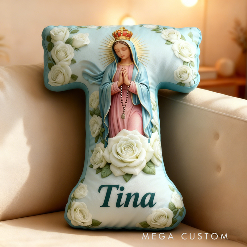 Personalized Virgin of Guadalupe Letter Pillow with Custom Name Religious Home Decor Catholic Prayer Gift for Her White Rose Graphic 3D Print Pillow