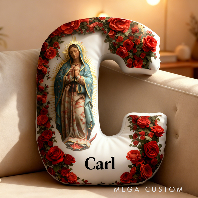 Personalized Our Lady of Guadalupe Letter Pillow with Custom Name Home Decor Catholic Gift for Her Blessed Virgin Mary Red Rose Graphic 3DPrint Pillow