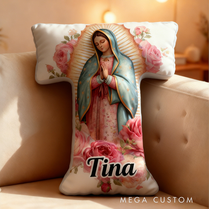 Personalized Virgen de Guadalupe Letter Pillow with Custom Name Religious Home Decor Catholic Gift for Her La Guadalupana Pink Rose Graphic 3D Print
