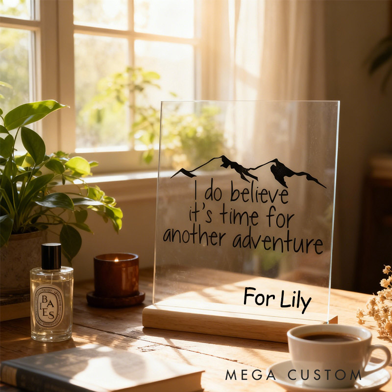 Personalized Adventure Awaits Acrylic Display with Wooden Base for Travel Lovers