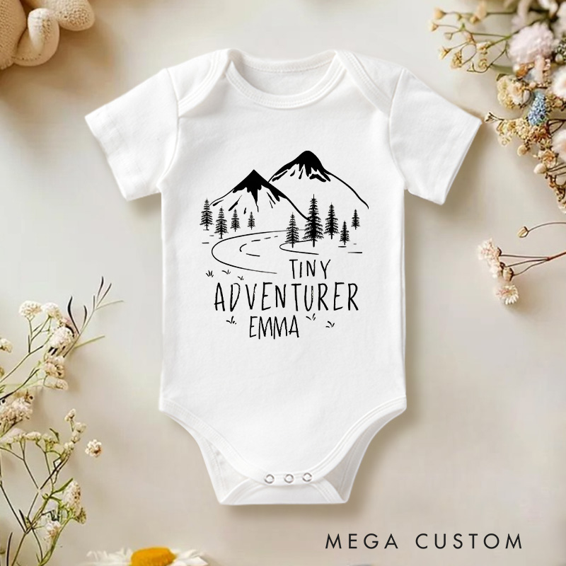 Personalized Tiny Adventurer Mountain and Forest Baby Onesie Travel Baby Gift