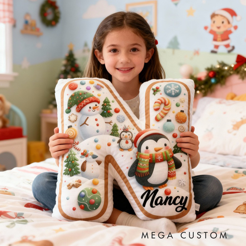 Personalized Christmas Initial Pillow Graphic 3D Print Custom Name Pillow Festive Holiday Pillow Housewarming Gift Family Gift 