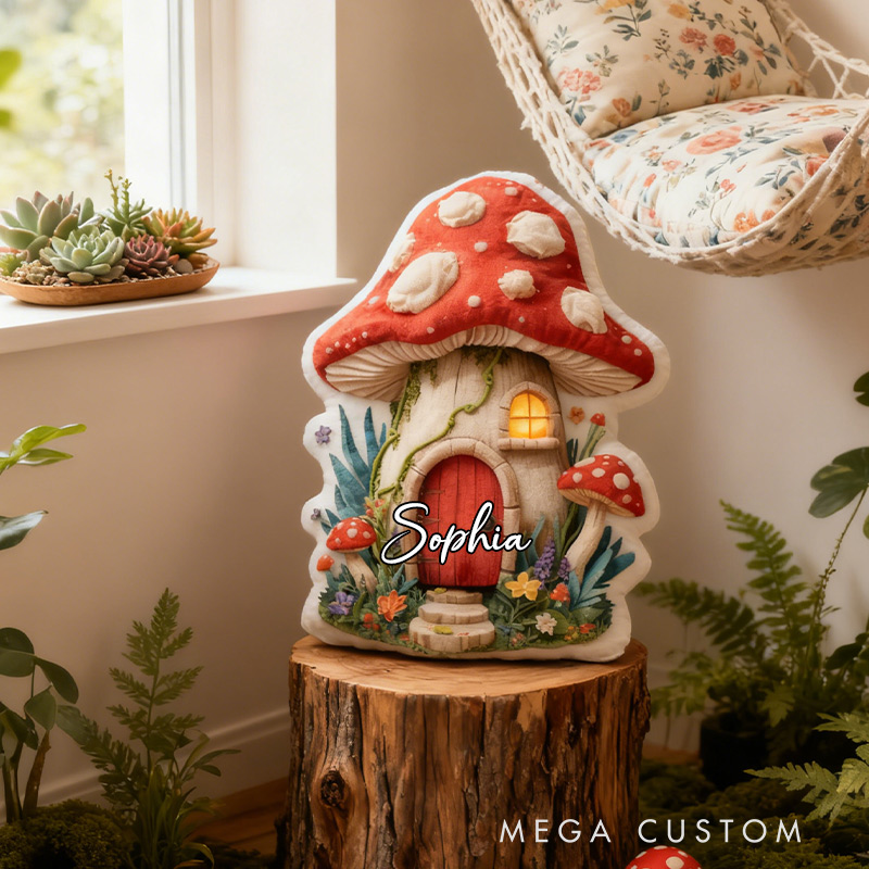 Personalized Mushroom Houses Pillow Graphic 3D Print Custom Name Cottagecore Pillow Gift for Kids Famlily Housewarming Gift