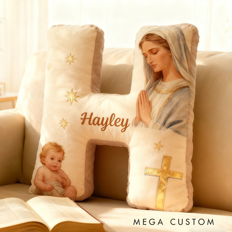 Personalized the Virgin Mary and baby Jesus Letter Pillow with Custom Name Religious Home Decor Graphic 3D Print Pillow Christian Gift Faith Gift