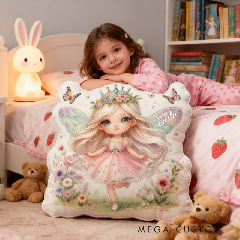 Personalized Cute Fairy Throw Pillow Graphic 3D Print Garden Fairy Pillow with Name Pillow for Kids Girl Boy Gardener Christmas Gifts Loving Room Decor