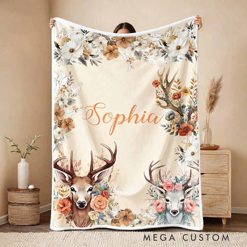 Personalized Floral Deer Blanket nature Hunting lover  Blanket Gift for Kid Outdoor Hunting Enthusiasts