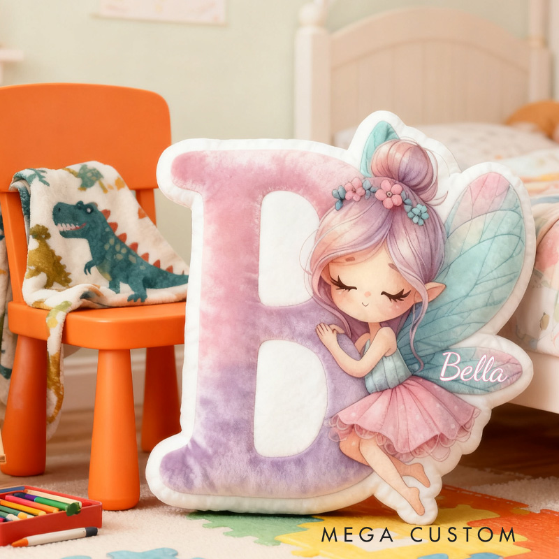 Personalized Fairy Alphabet Throw Pillow Graphic 3D Print Garden Fairy Letter Pillow with Name Pillow for Kids Girl Boy Gardener Christmas Gifts Loving Room Decor