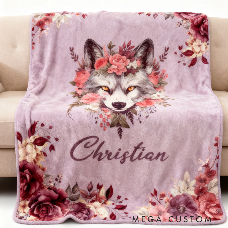 Personalized Floral Wolf Blanket Outdoor Wildlife Enthusiast Blanket Gift for Outdoor Hunting Enthusiasts