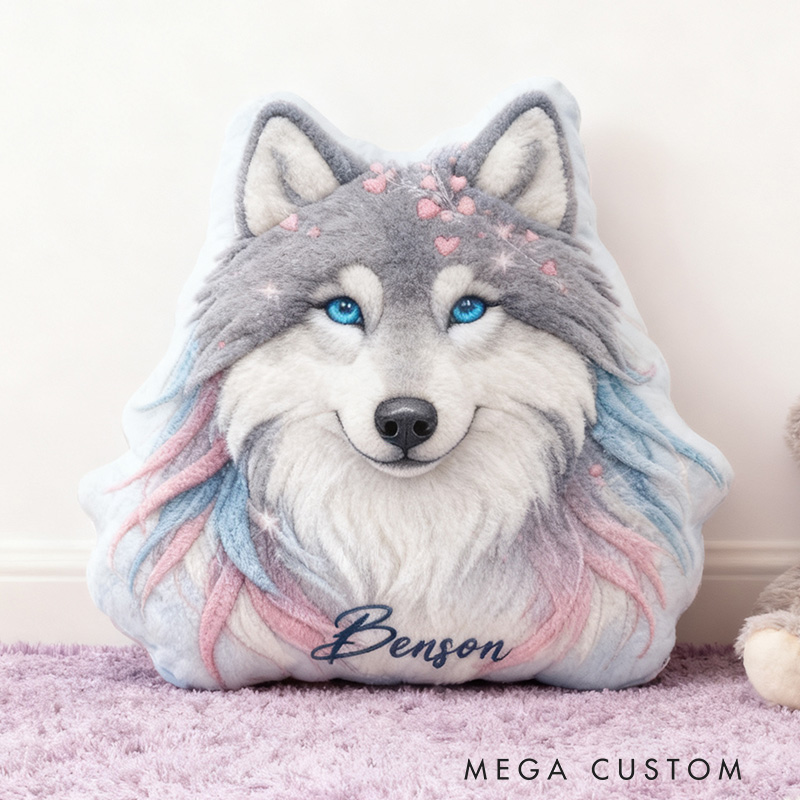 Personalized Pastel Wolf Cushion Pillow Cute Colorful Wolf Pillow Gift for Kid Outdoor Lover