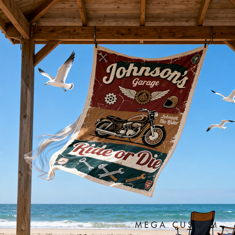 Personalized Vintage Motorcycle Garage Beach Towel Custom Name and Text Retro Biker Style Two Designs Available