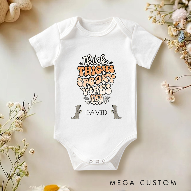 Personalized Thick Thighs Spooky Vibes Fun and Whimsical Halloween Baby Onesie