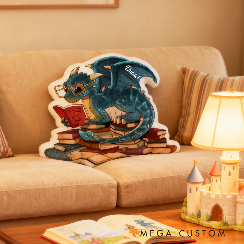 Personalized Reading Dragon Throw Pillow Graphic 3D Print Glasses Dragon Pillow with Name Book Pillow for Kids Boys Girls Book Lover Christmas Gift