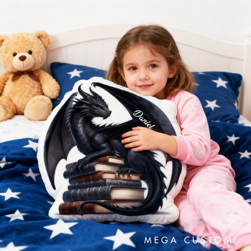 Personalized Black Dragon Throw Pillow Graphic 3D Print Dragon and Book Pillow with Name Book Pillow for Kids Boys Girls Book Lover Christmas Gift