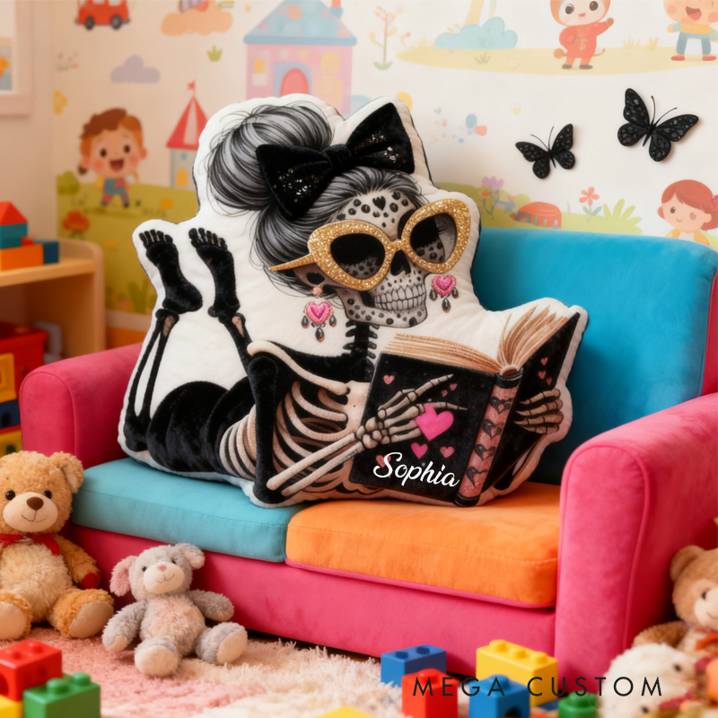 Personalized Reading Skeleton Throw Pillow Graphic 3D Print Fantasy Book Pillow with Name Book Pillow for Book Lover Christmas Gift