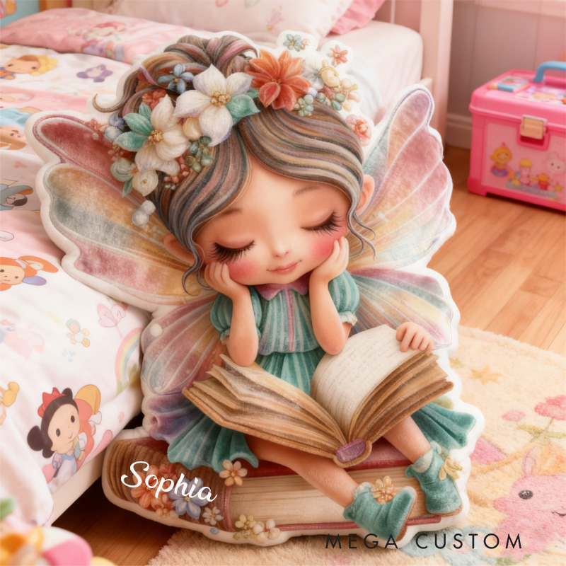 Personalized Fairy Reading Throw Pillow Graphic 3D Print Cute Fairy Pillow with Name Book Pillow for Kids Boys Girl Book Lover Christmas Gift