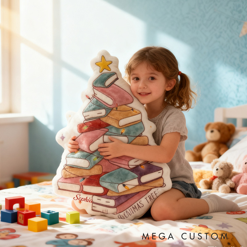 Personalized Book Christmas Tree Throw Pillow Graphic 3D Print Bookish Pillow with Name for Kids Boys Girl Book Lover Christmas Gift