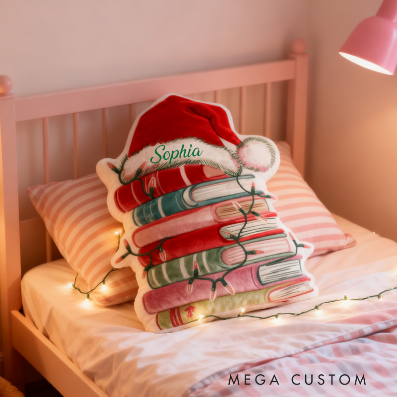 Personalized Christmas Books Throw Pillow Graphic 3D Print Bookish Pillow with Name for Kids Boys Girl Book Lover Christmas Gift