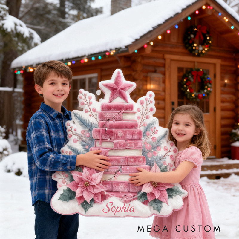 Personalized Christmas Book Tree Throw Pillow Graphic 3D Print Bookish Pillow with Name for Kids Boys Girl Book Lover Christmas Gift