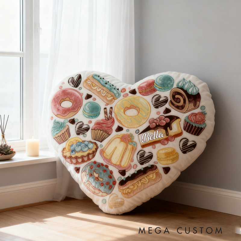 Personalized Dessert Heart Throw Pillow with Name Graphic 3D Print Donut Bread Pillow for Kids Girl Baker Christmas Gifts Loving Room Decor