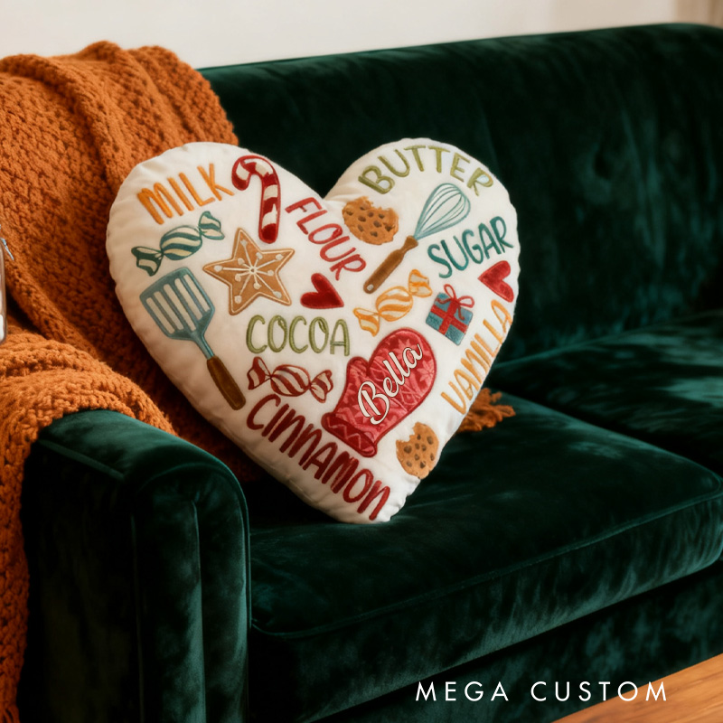 Personalized Baking Tool Heart Throw Pillow with Name Graphic 3D Print Cookie Pillow for Kids Girl Baker Christmas Gifts Loving Room Decor