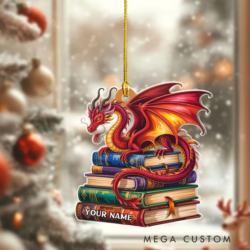 Personalized 2D FLAT Custom Name Book Dragon Ornament Dragon Christmas Gift For Book Lovers