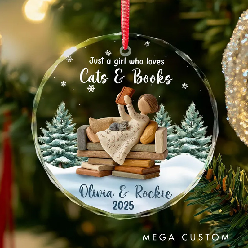 Personalized Cat and Book Lovers Ornament Custom Girl Reading Ornament with Cat Reading Christmas Ornament Bookworm Gift for Readers