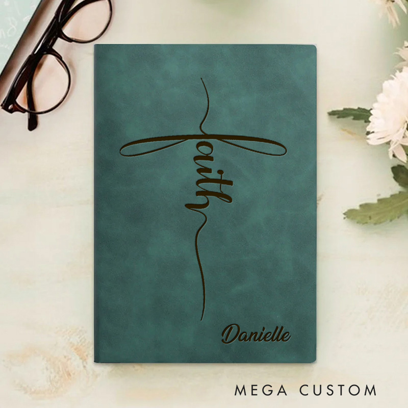 Personalized Faith with Cross Prayer Journal Leather A5 Notebook with Name Faith Notebook for Men Women Christmas Gift for Christian 