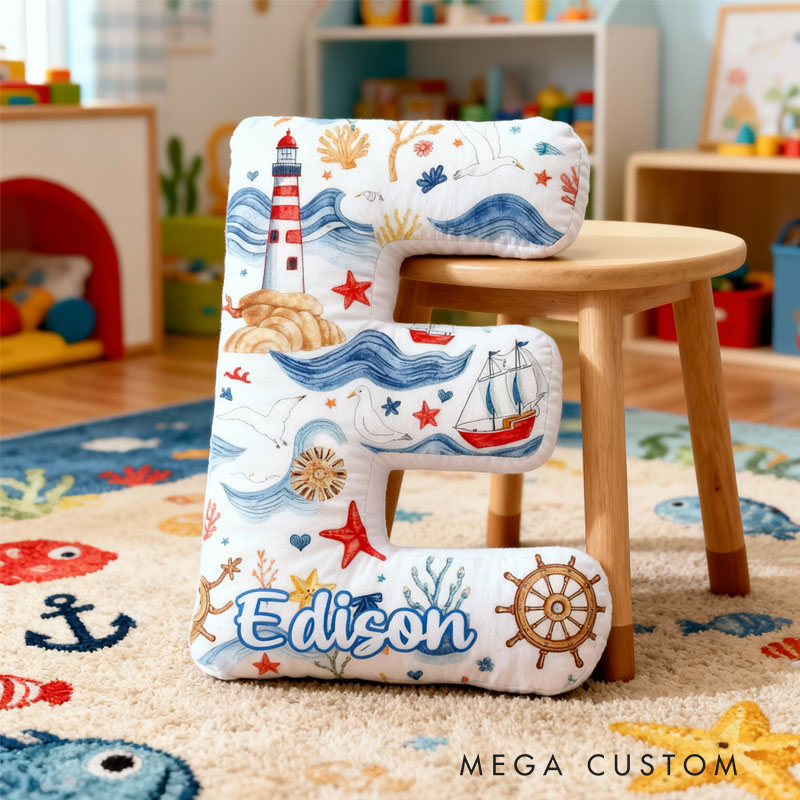 Personalized Letter-Shaped Pillow Lighthouse Sailboat Design Perfect Gift for Children