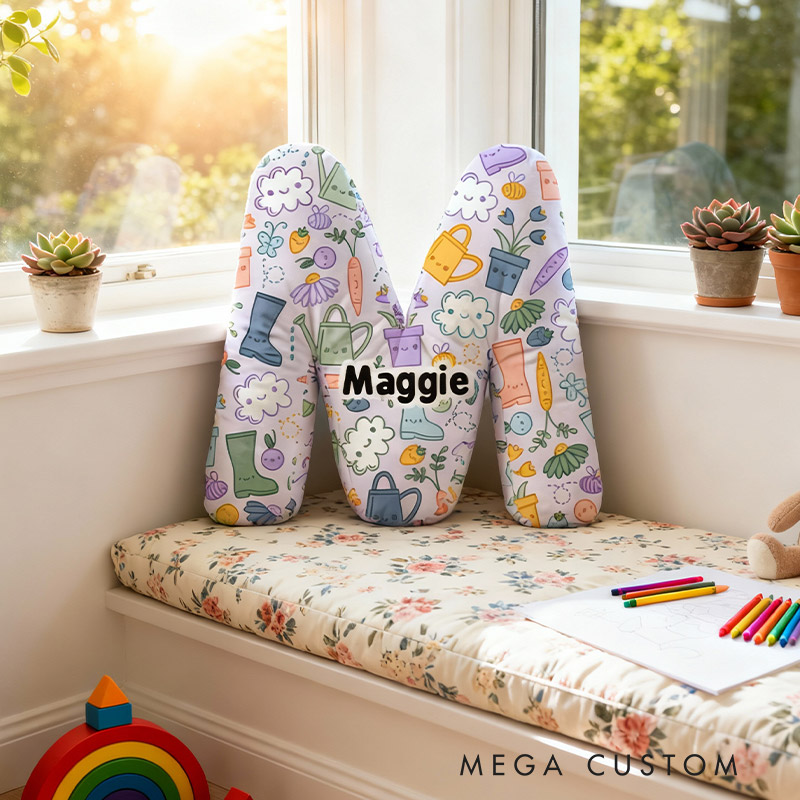 Personalized Initial Pillow Cloud Flower Pot Pattern Pillow Custom Name Pillow for Girls Gardening Lovers Gift 