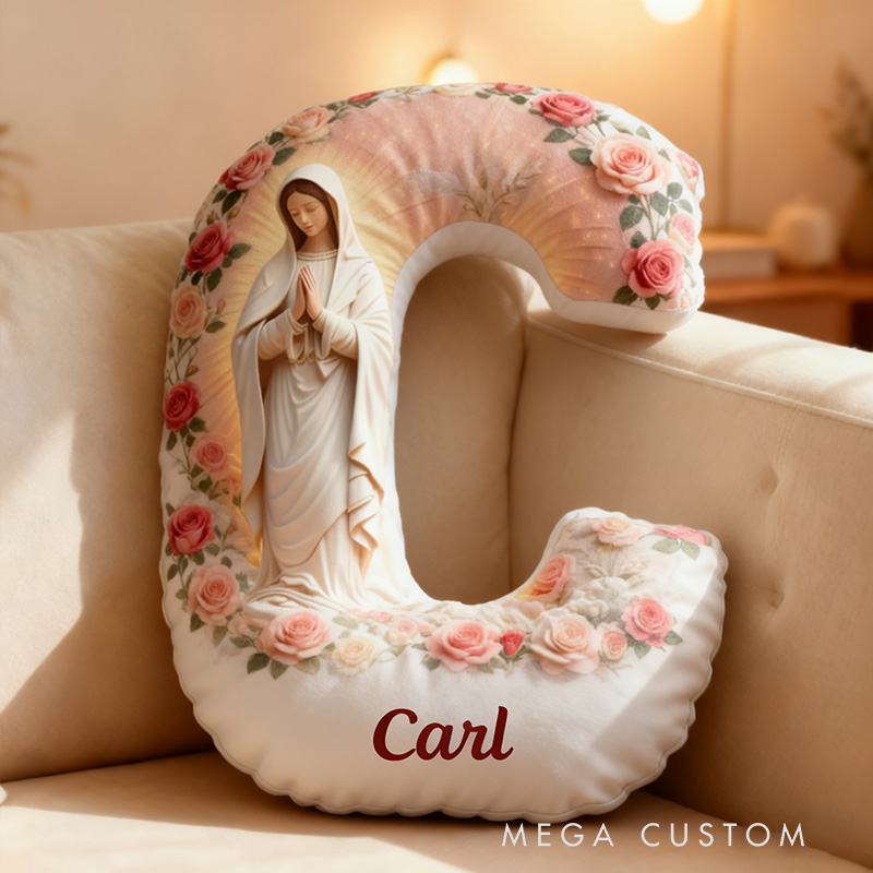 Personalized Blessed Virgin Mary Heavenly Letter Pillow with Custom Name Catholic Home Decor Our Lady Confirmation Mom Family Gift Graphic 3D Print