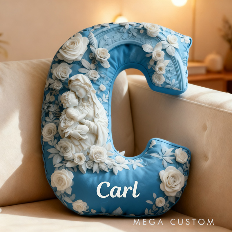 Personalized Madonna and Child White Roses Relief Style Letter Pillow with Name Graphic 3D Print Catholic Home Decor Our Blessed Virgin Mary Gift
