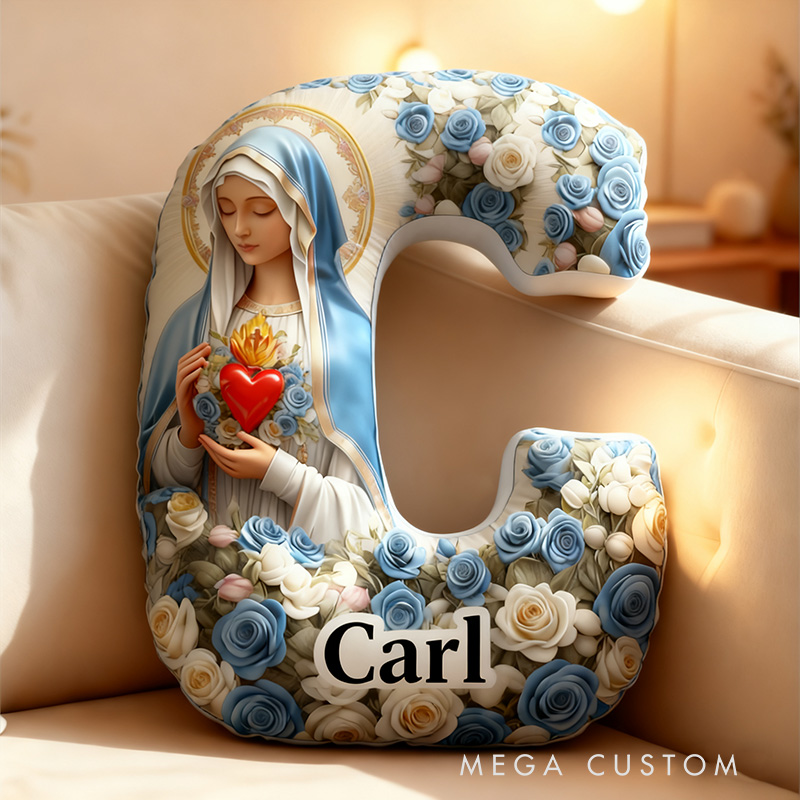 Personalized Sacred Heart Virgin Mary Letter Pillow with Custom Name Religious Catholic Gift for Her Mothers Day Gift Lady of Lourdes Graphic 3D Print