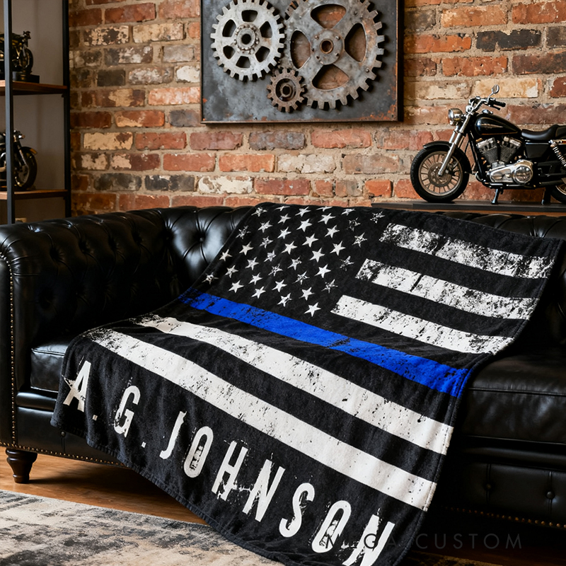 Personalized Police Style Distressed American Flag Custom Name Fleece Blanket Choose Color Thin Blue or Red Line Design Gifts