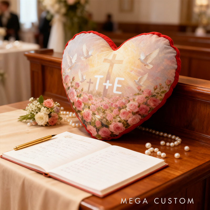 Personalized Cross and white Doves Valentine's Heart Pillow with Custom Name Home Decor Religious Faith Gift for Couple Valentine's Day Gift