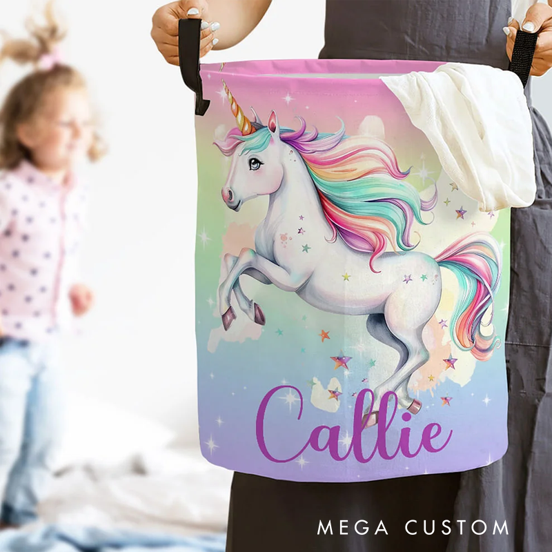 Personalized Dream Horse Name Large Toy Laundry Basket with Handle Waterproof Nursery Decoration Housewarming Gift for Kids