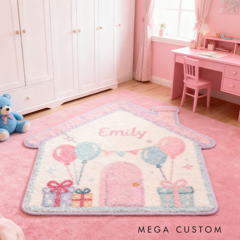 Personalized Rug for Kids Room House-Shaped Soft Plush Carpet Custom Name Floor Mat New Home Gifts