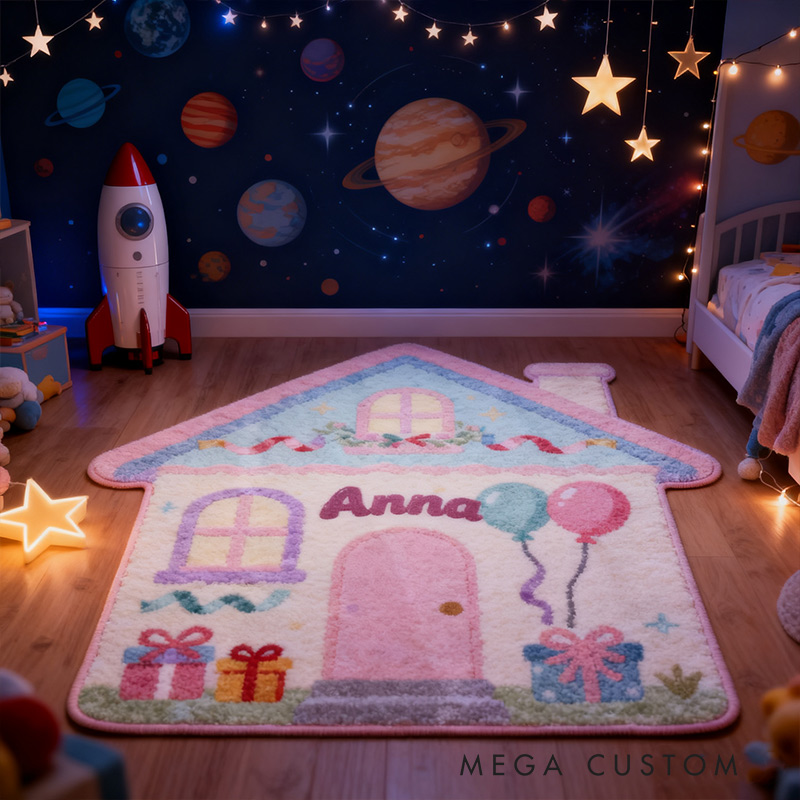 Personalized Rug for Kids Room House-Shaped Soft Plush Carpet Custom Name Floor Mat New Home Gifts