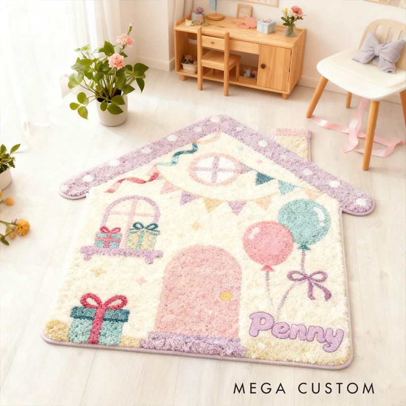 Personalized Rug for Kids Room House-Shaped Soft Plush Carpet Custom Name Floor Mat New Home Gifts