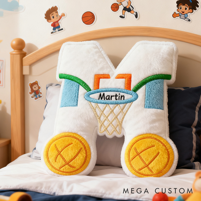 Personalized Sports Themed Letter Pillow with Custom Name and Hoop Design for Kids
