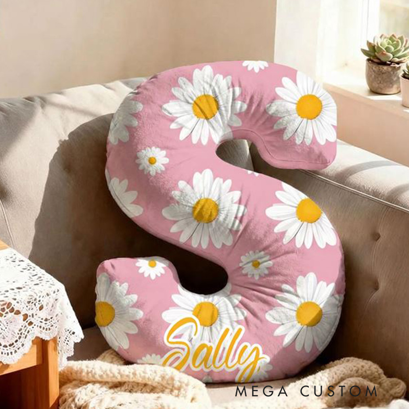 Personalized Initial Pillow Graphic 3D Print Daisy Pink Custom Name Pillow for Girls Gardening Lovers Gift 